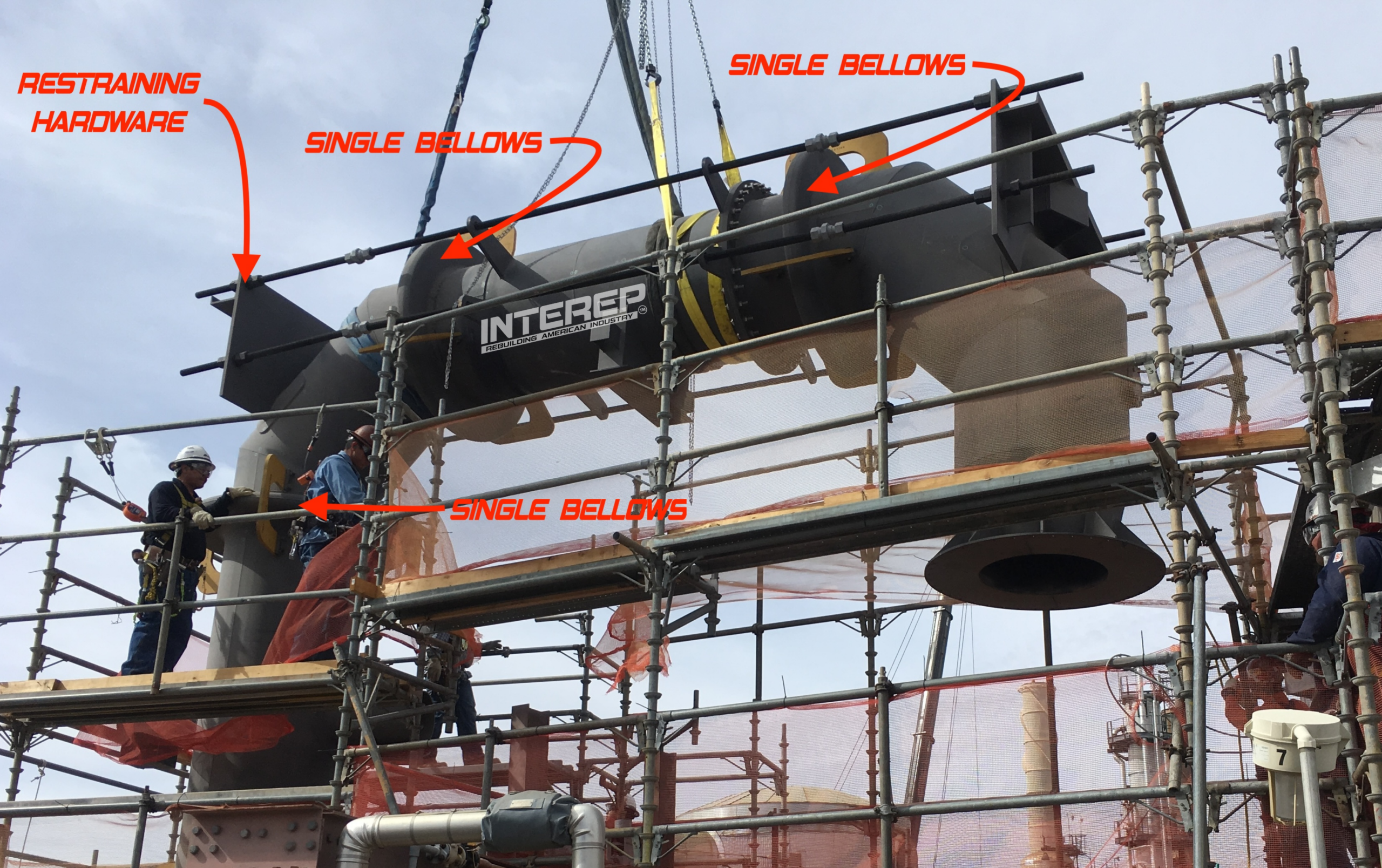 INTEREP metal bellows installation showing multiple bellows and external restraining hardware